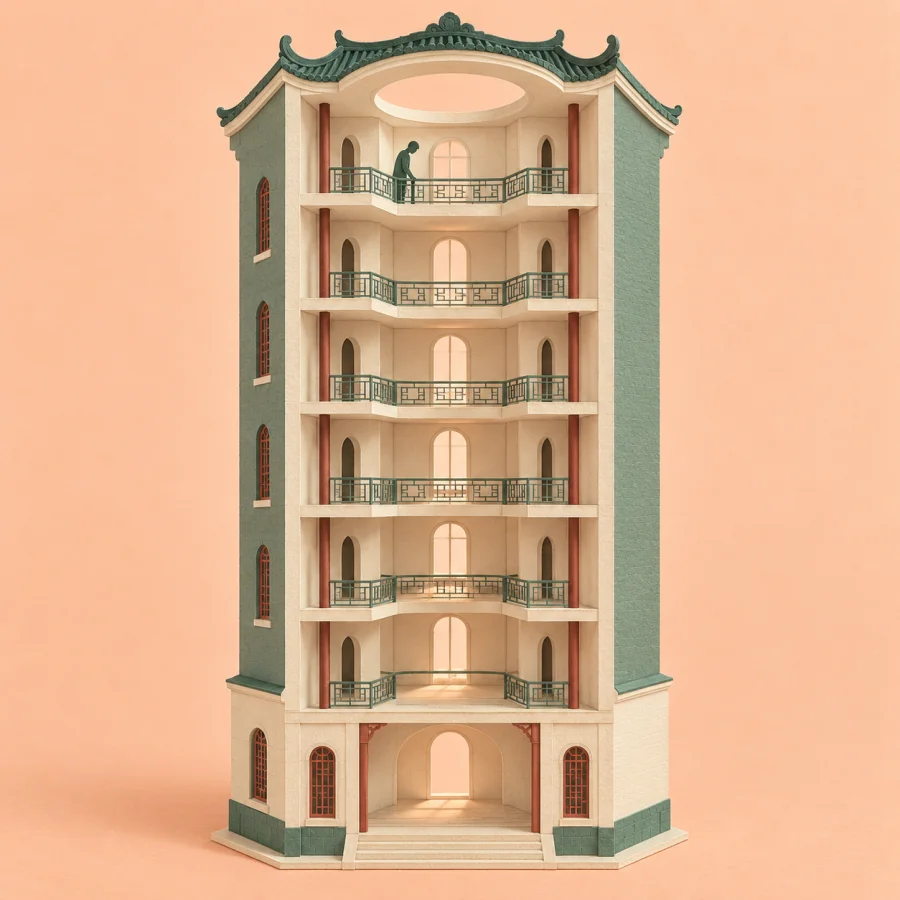 A person stands on the top floor of a tall building