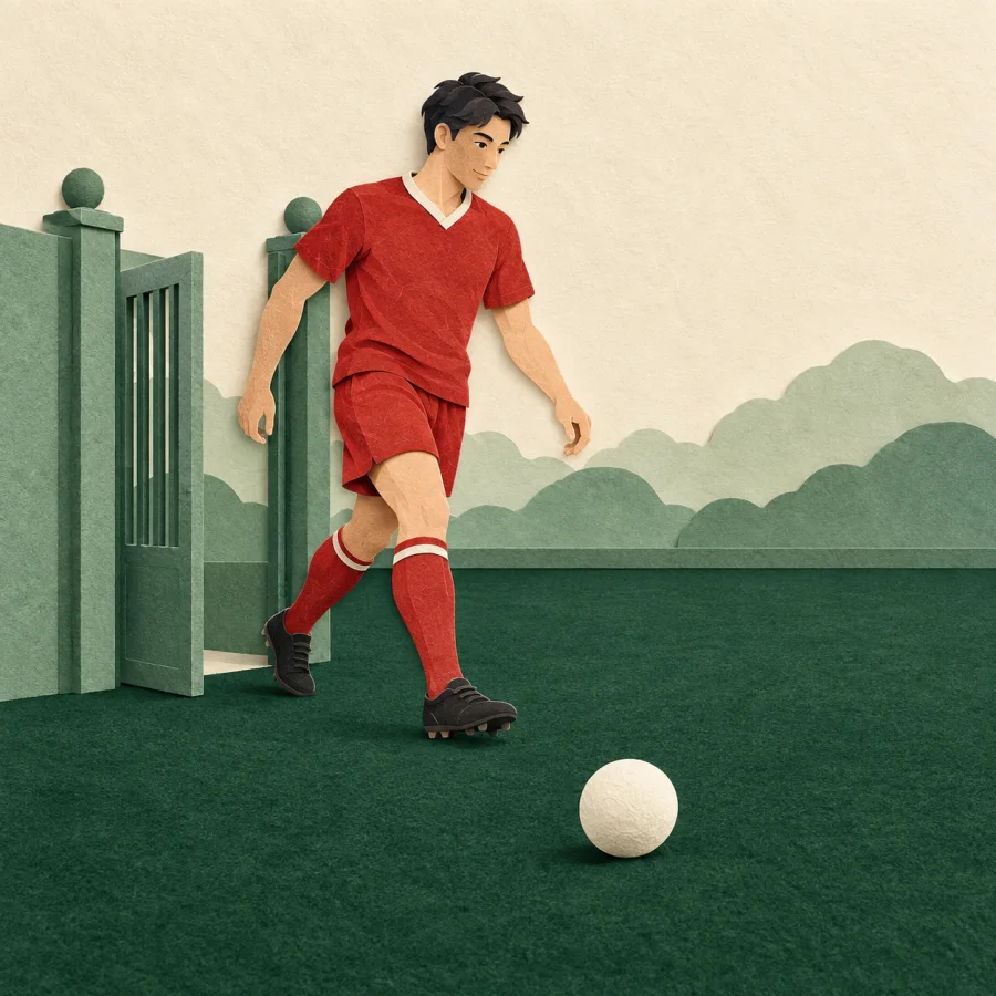 A player in red uniform stepping onto a green sports field