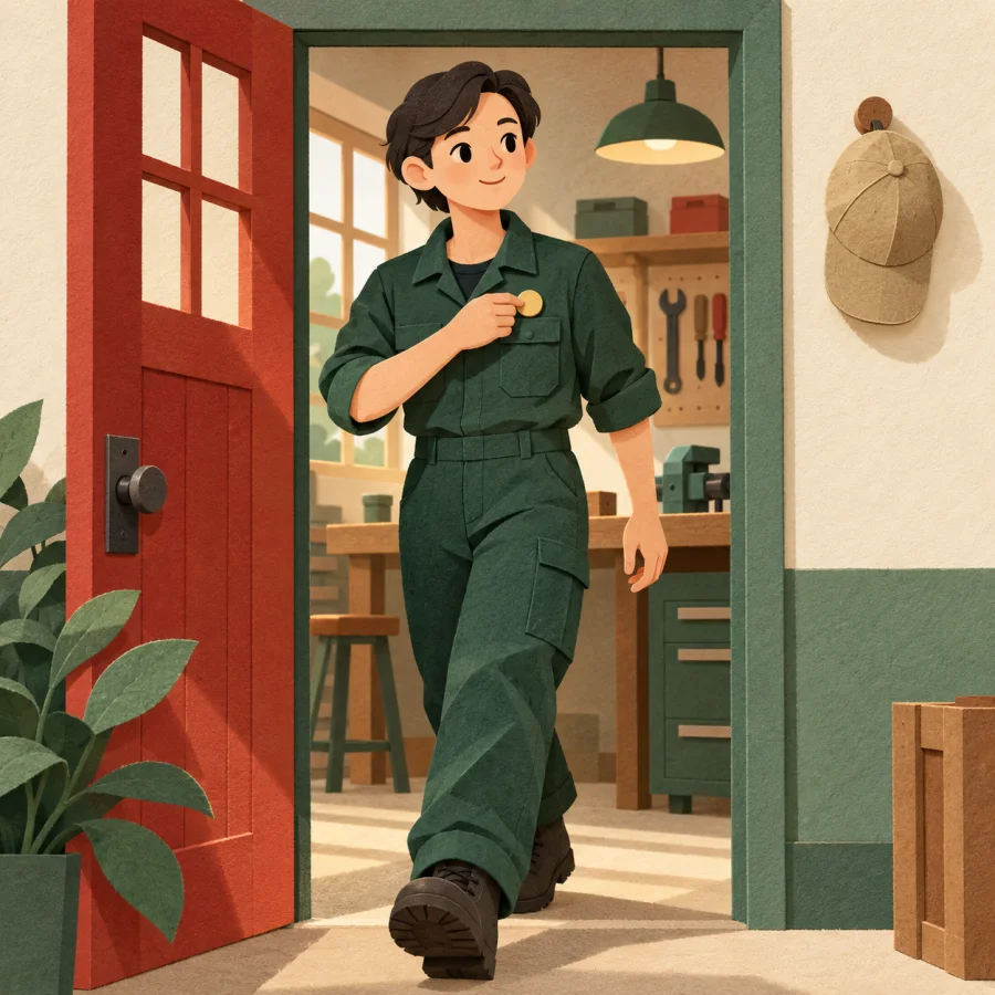 A worker in green uniform pinning a badge at the workshop door