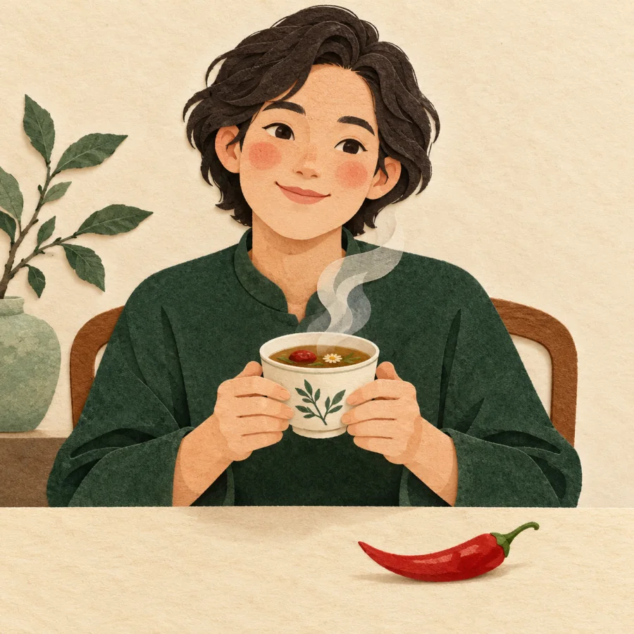 A flushed person drinking hot herbal tea, a chili pepper nearby