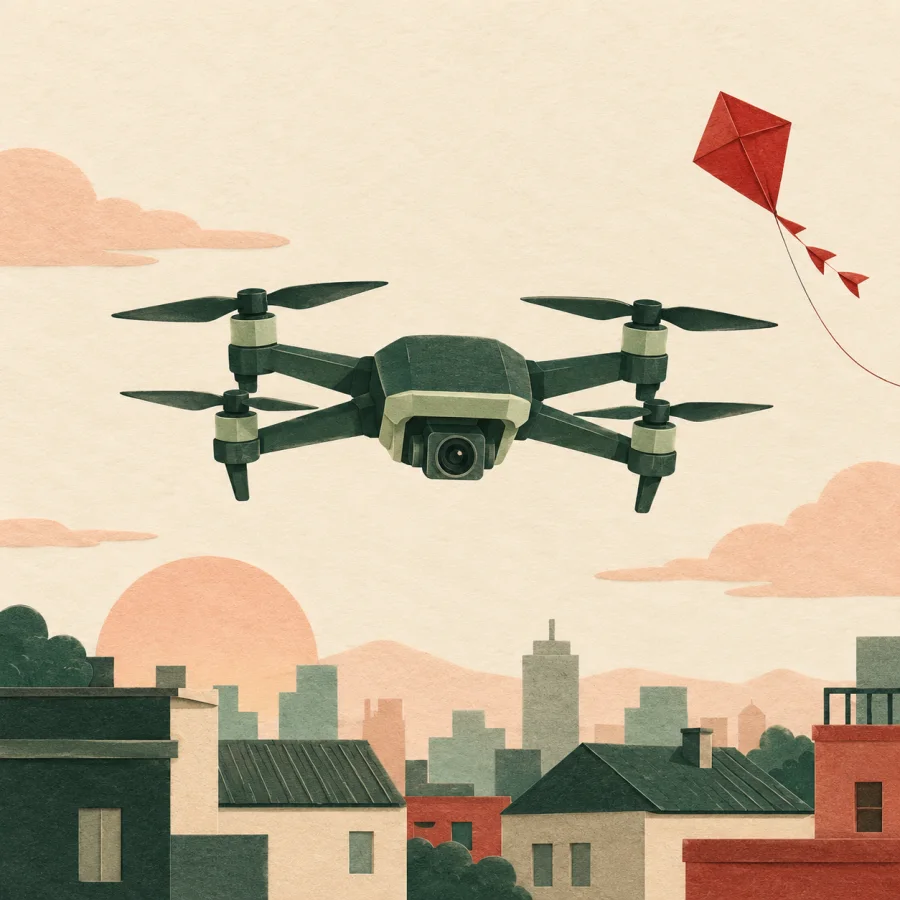 A drone hovering in the sky over city rooftops