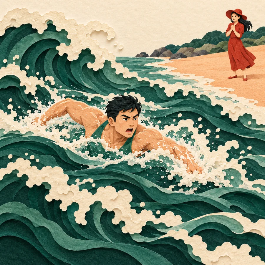 A swimmer battling waves near the shore, another person staying far back
