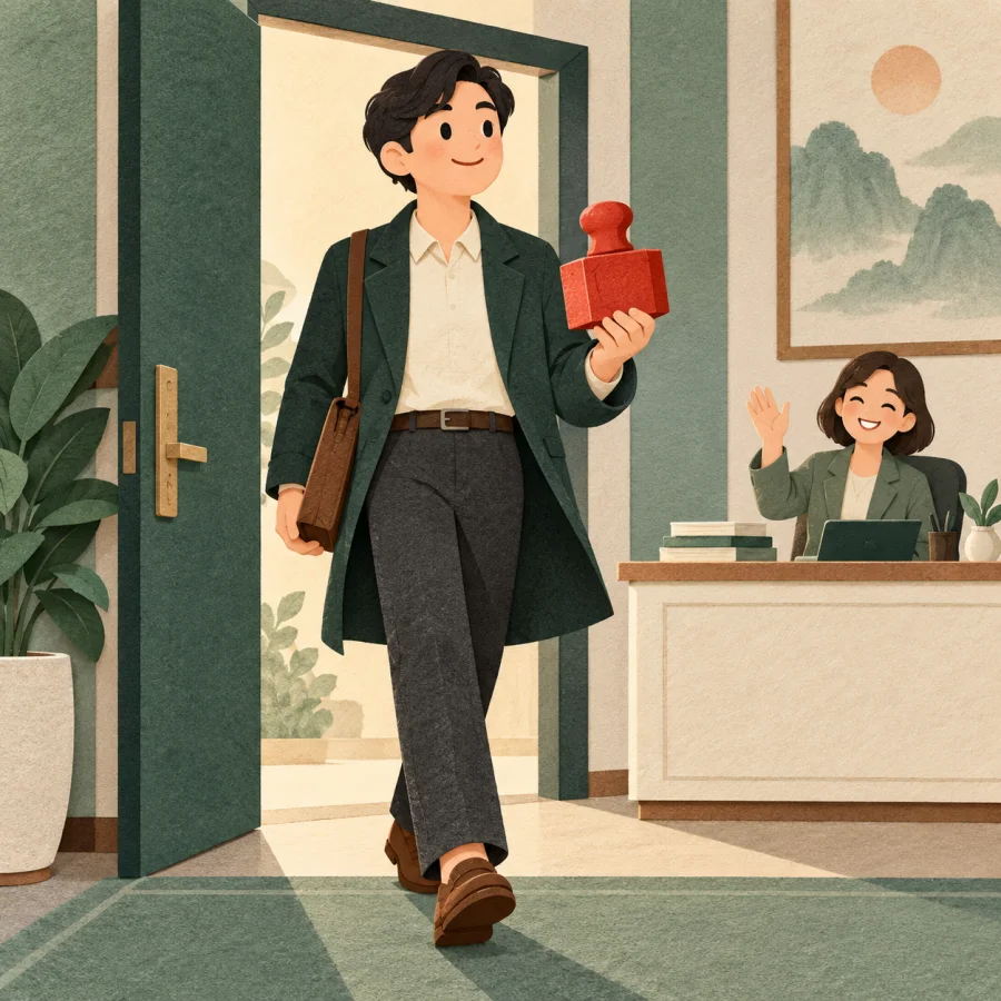 A person steps into a new office and accepts their post