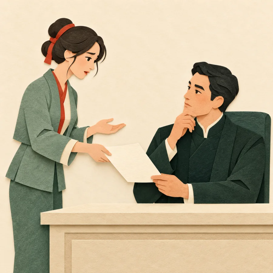 An employee explains a report to the boss at a desk