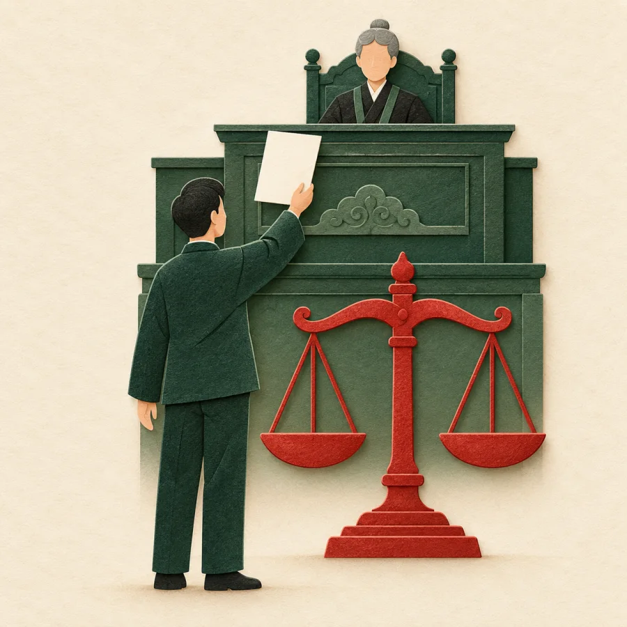 A person submits an appeal to a judge beside scales of justice