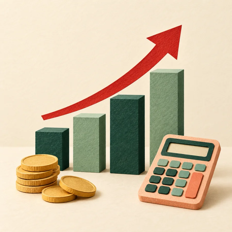 A bar chart with a rising arrow next to coins