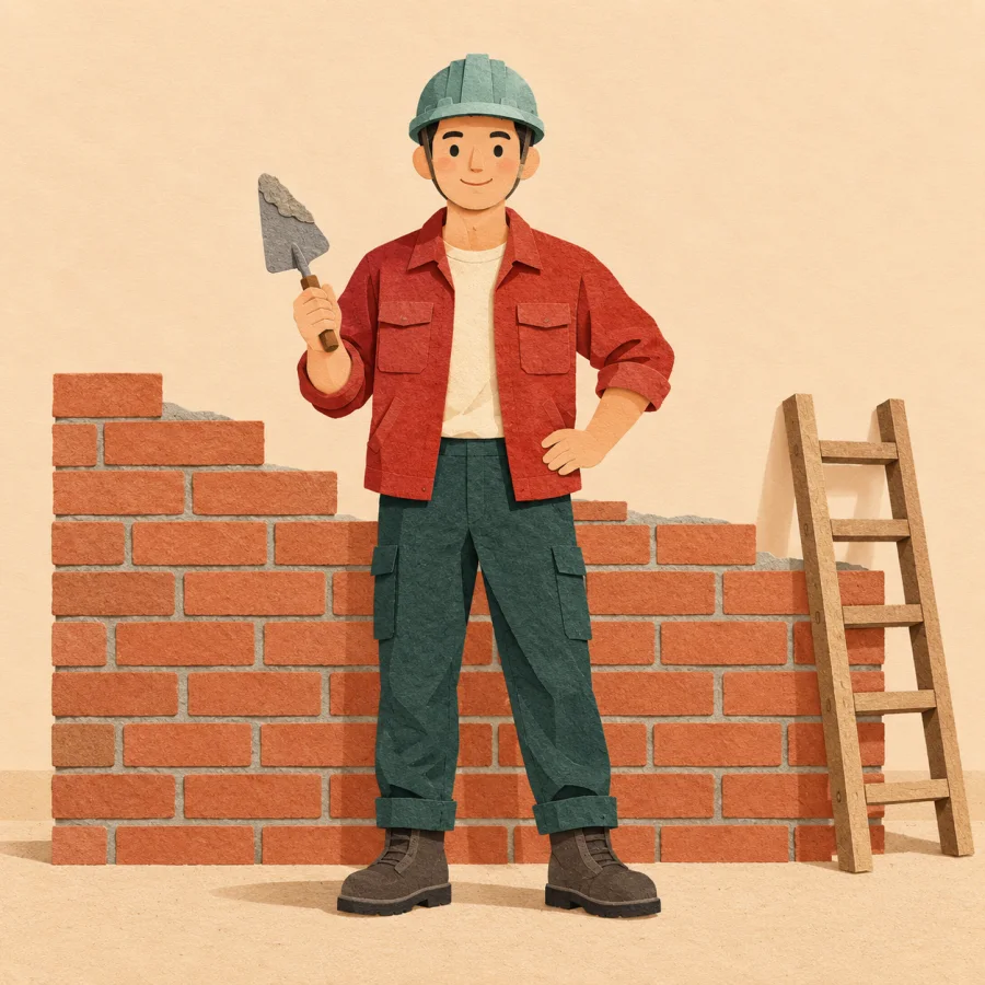 A builder stands before an unfinished brick wall with a trowel