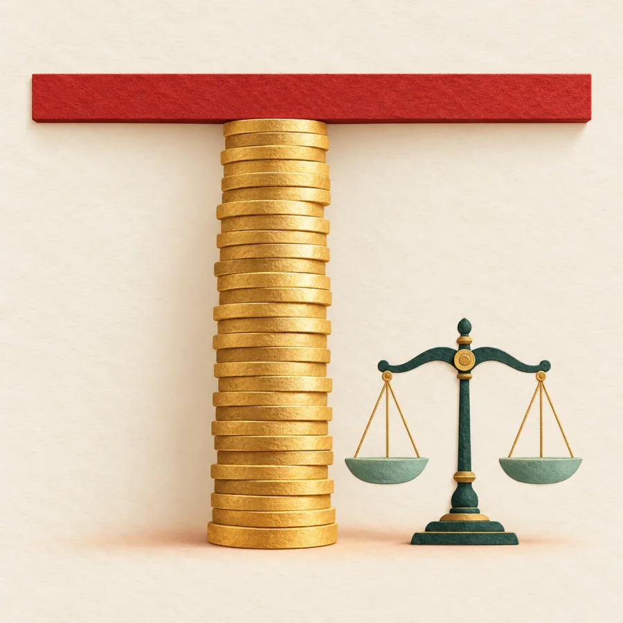 A tower of coins stops against a red ceiling bar, with a small scale nearby