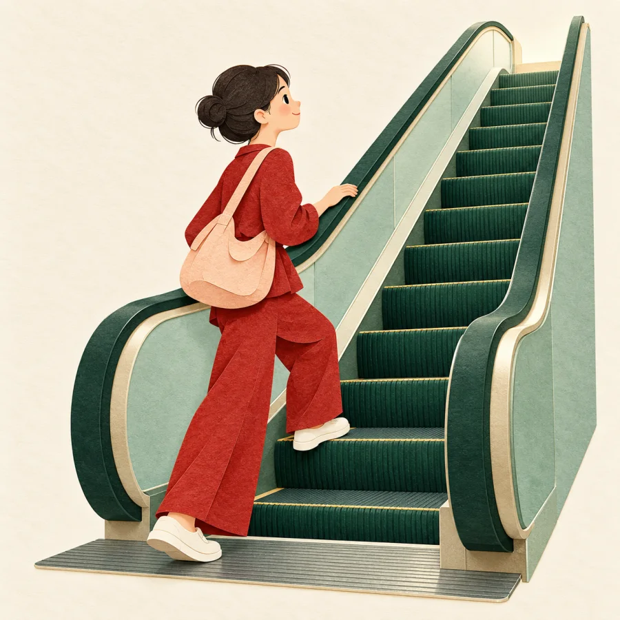 A passenger with a bag rides an upward escalator in a station