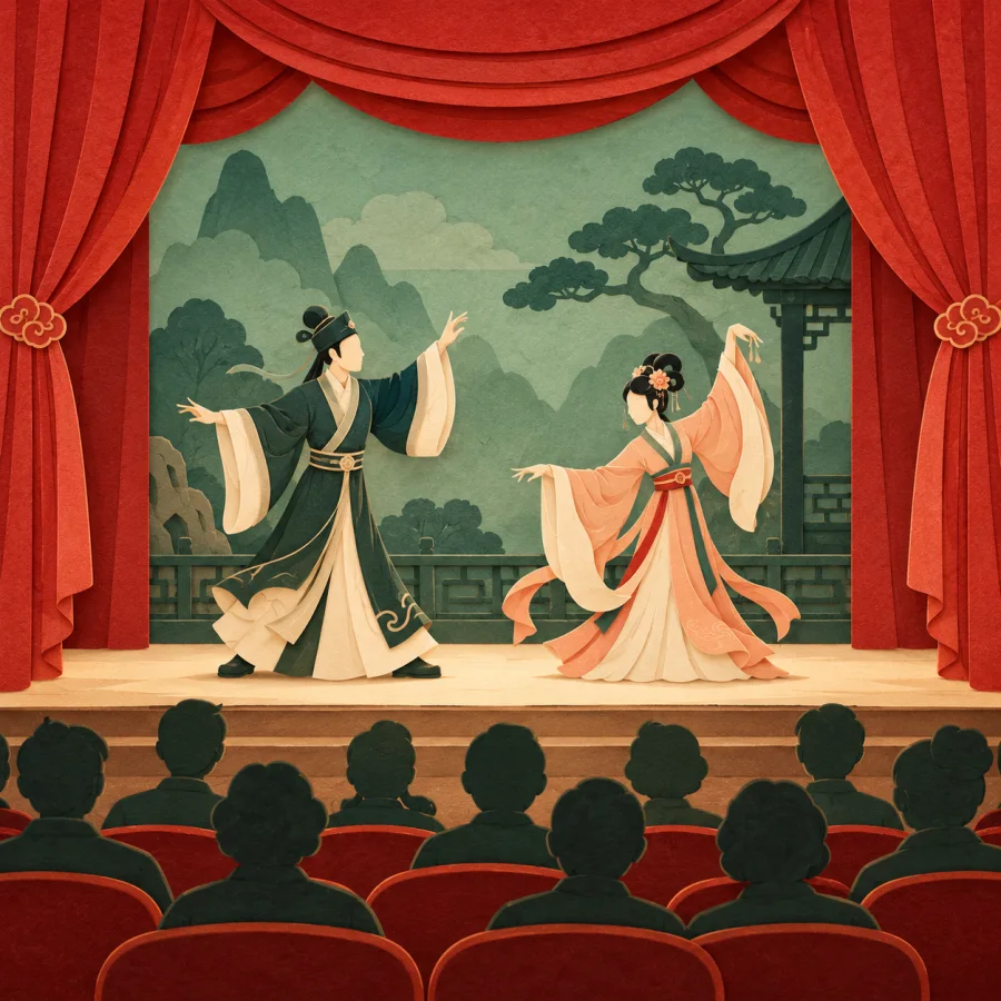 Actors perform on a theater stage before a seated audience