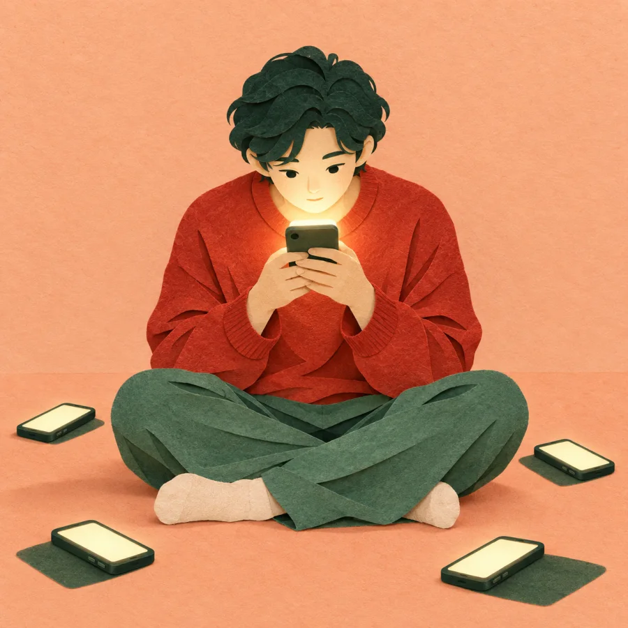 A person stares at one phone, surrounded by identical phones on the floor