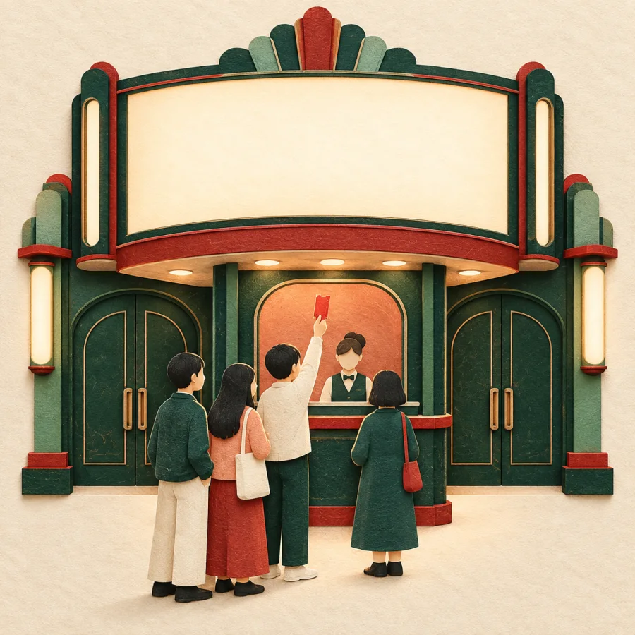 A crowd buys tickets at a cinema entrance with a glowing screen