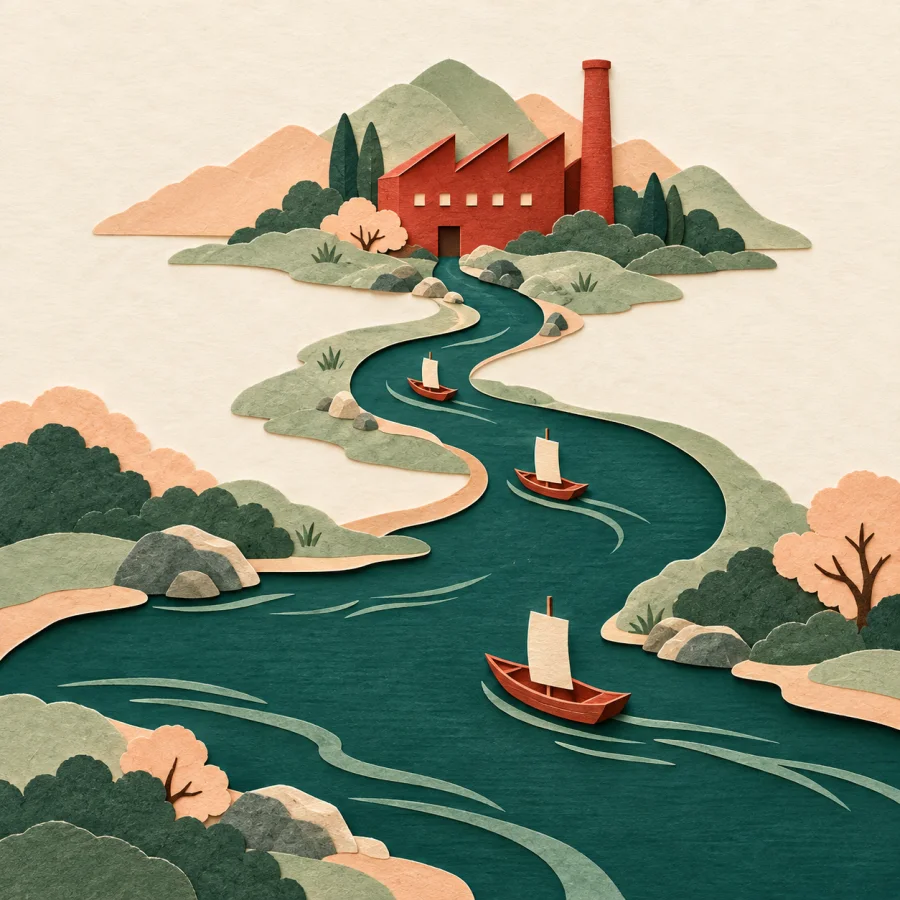 A factory at the source of a winding river with boats drifting downstream