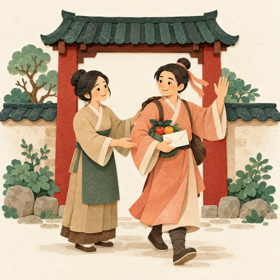 A traveler takes a letter and fruit to deliver along the way