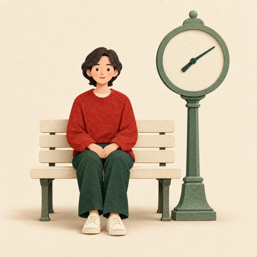 A person waits on a bench next to a large clock