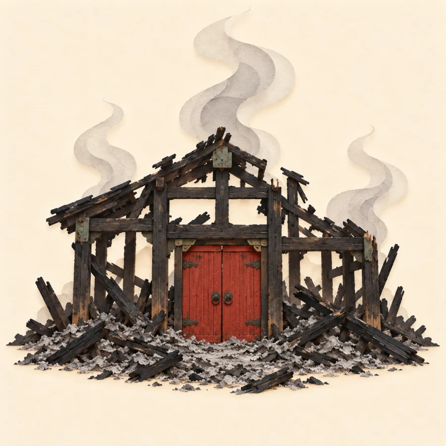 A burned wooden warehouse with smoke and charred beams