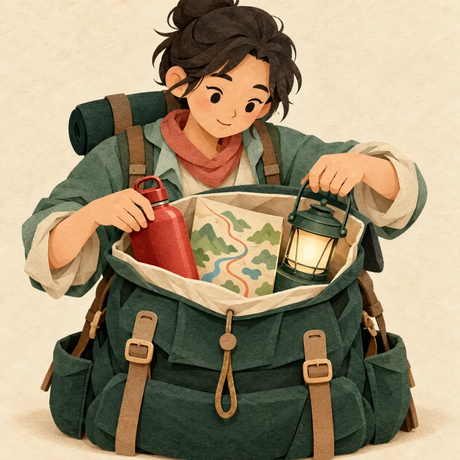 A traveler packs an open backpack with a red flask and a lamp