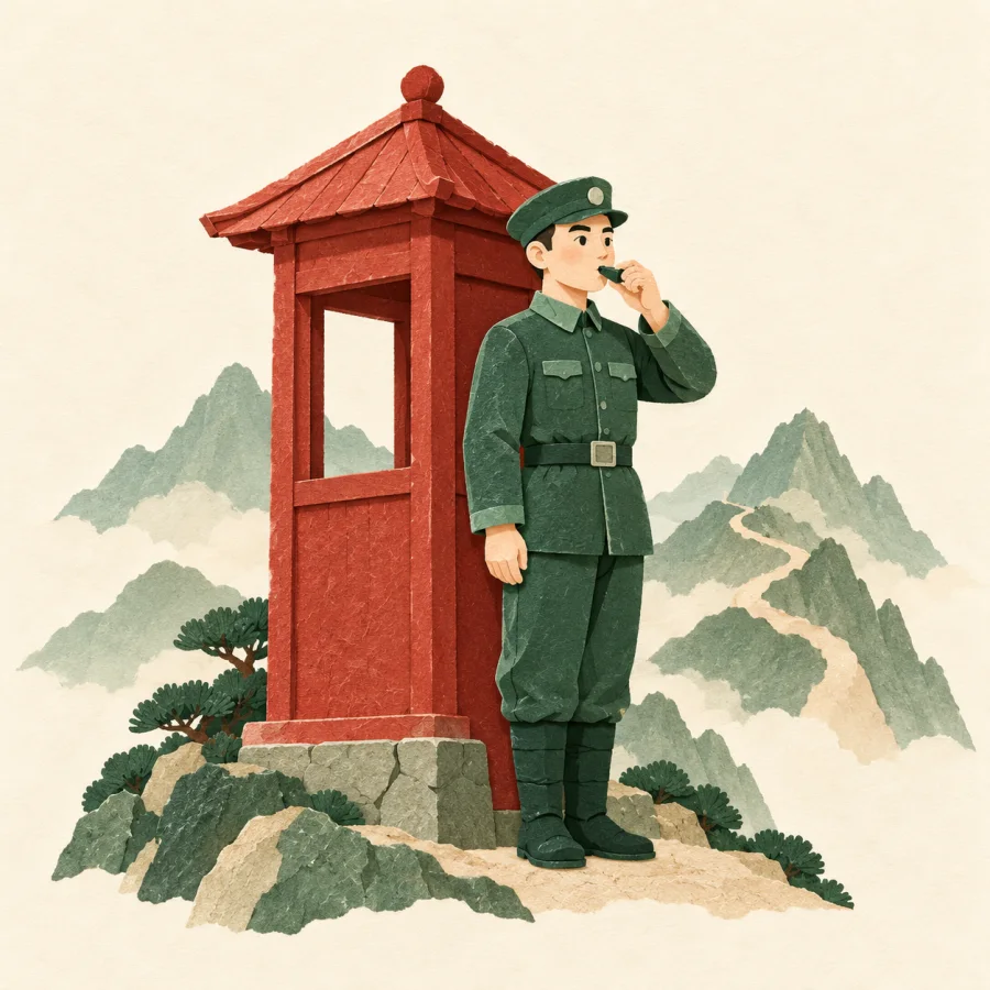 A soldier beside a mountain sentry post holds a green whistle