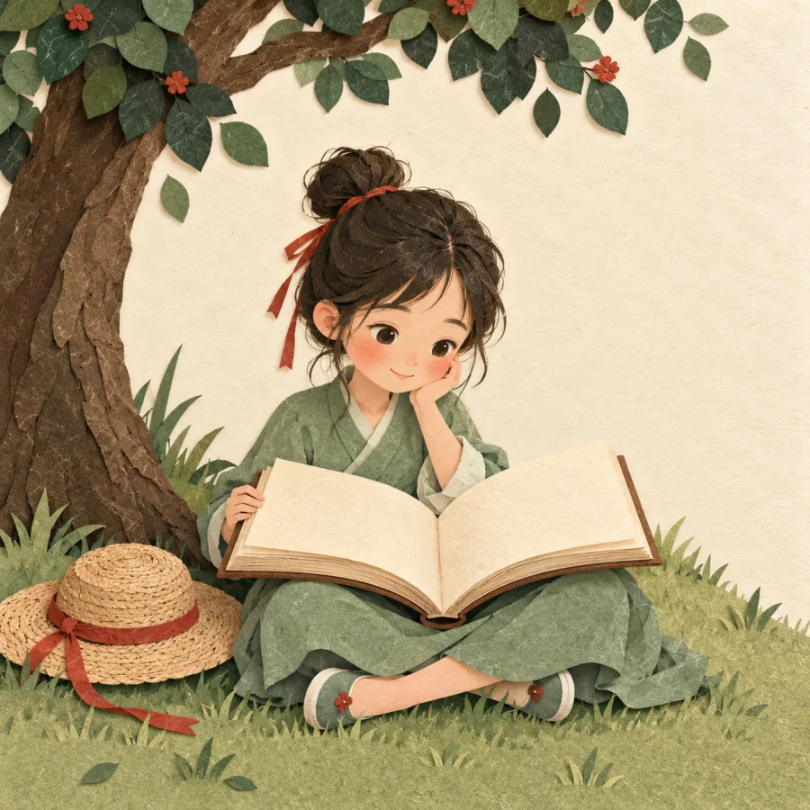 A young girl in a jade dress reads a book under a tree
