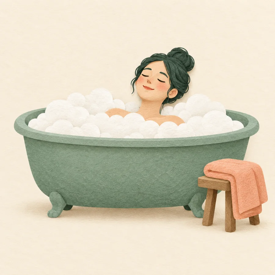 A person relaxes in a large bathtub full of foam