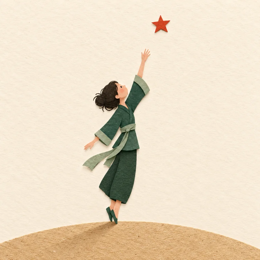 A person on a hill stretches toward a distant red star