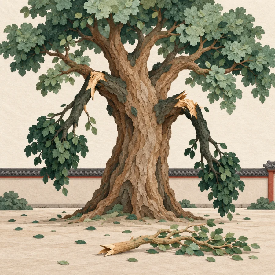 An old tree in a courtyard with broken branches after a storm