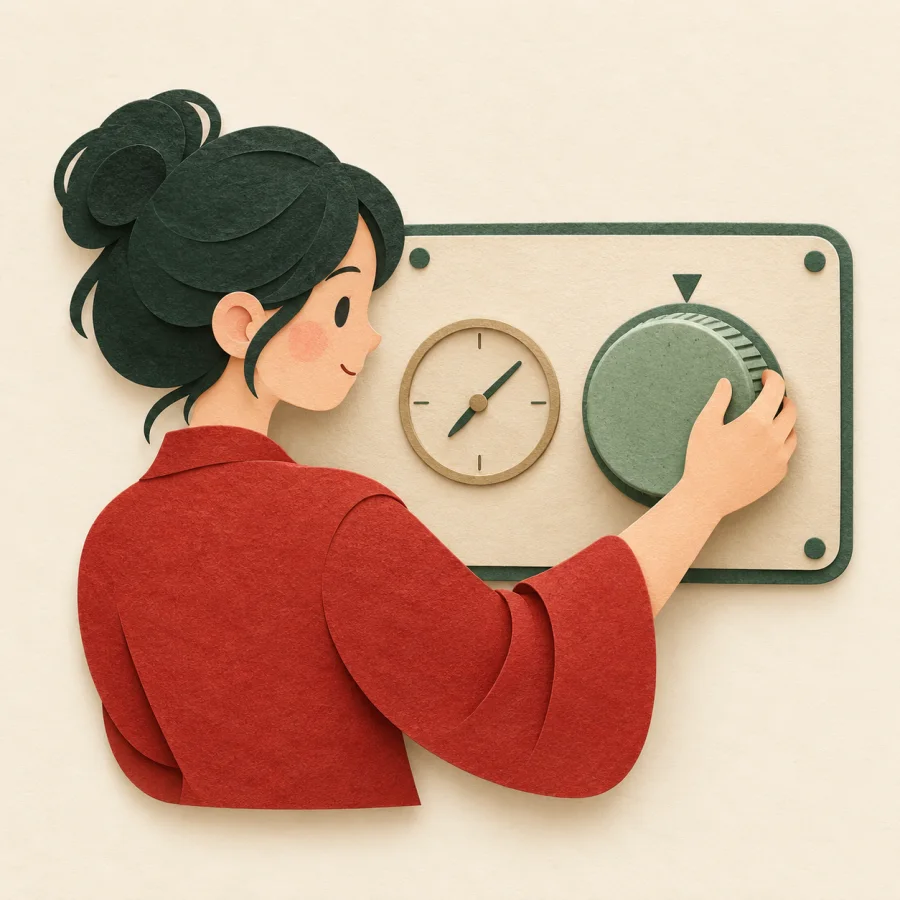 A person adjusting a round dial on a device next to a clock