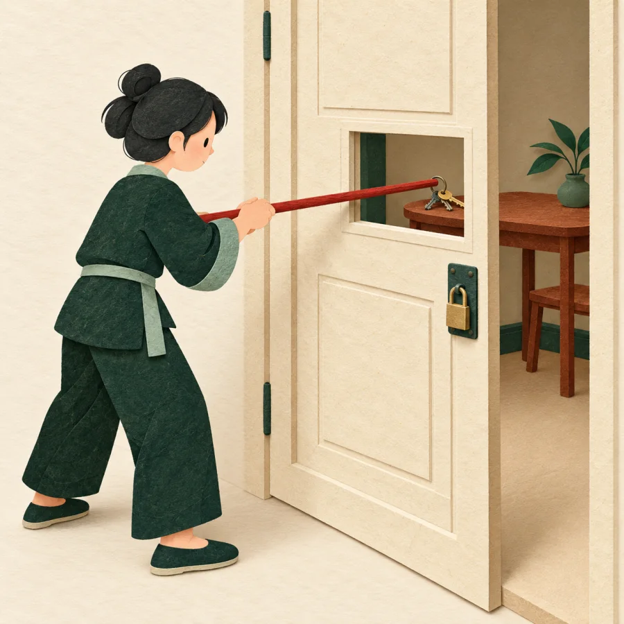 A person reaching through a window with a stick for keys