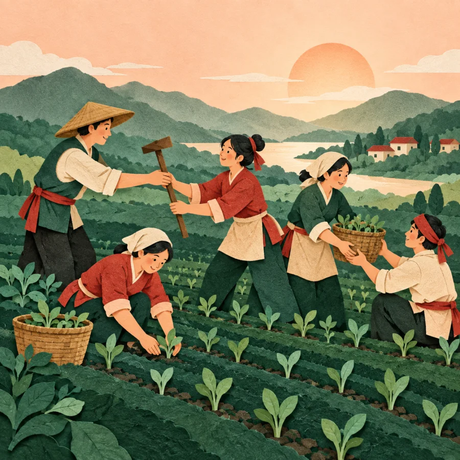 People working together in a large shared field