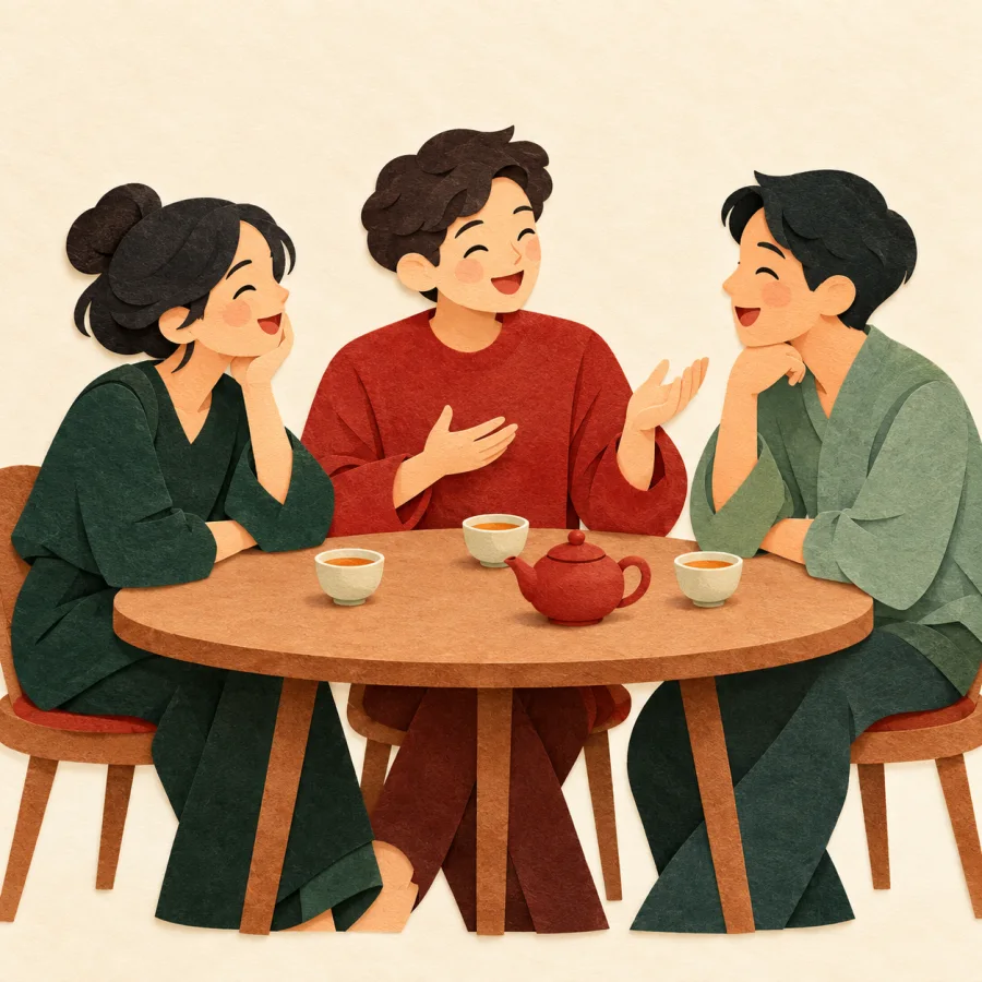 Friends chat and drink tea around a round table