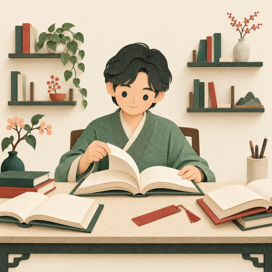 A person leafs through several books from different shelves