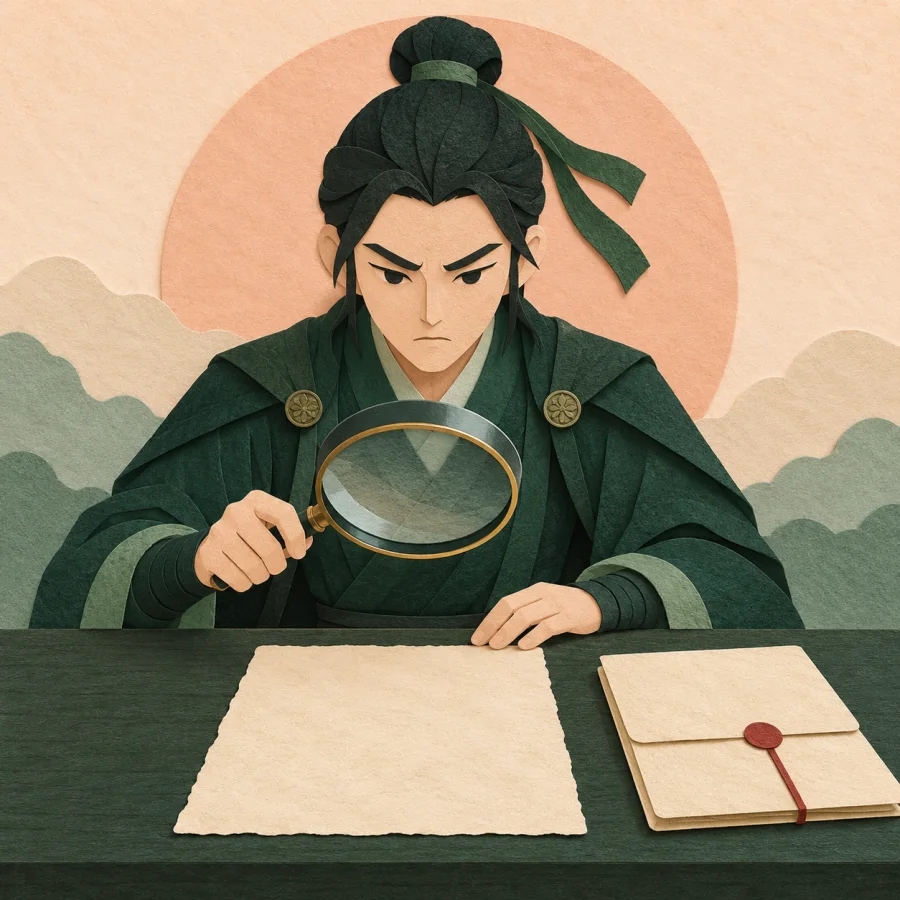An investigator examines a document through a magnifying glass