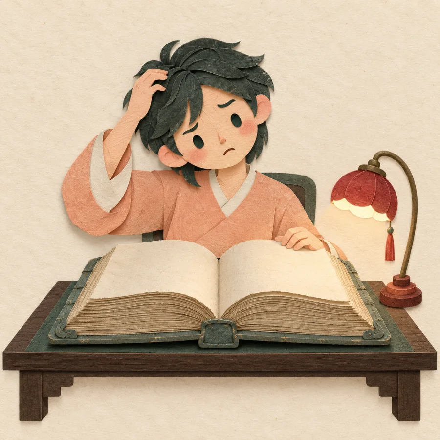 A person reads a thick old book with a puzzled look