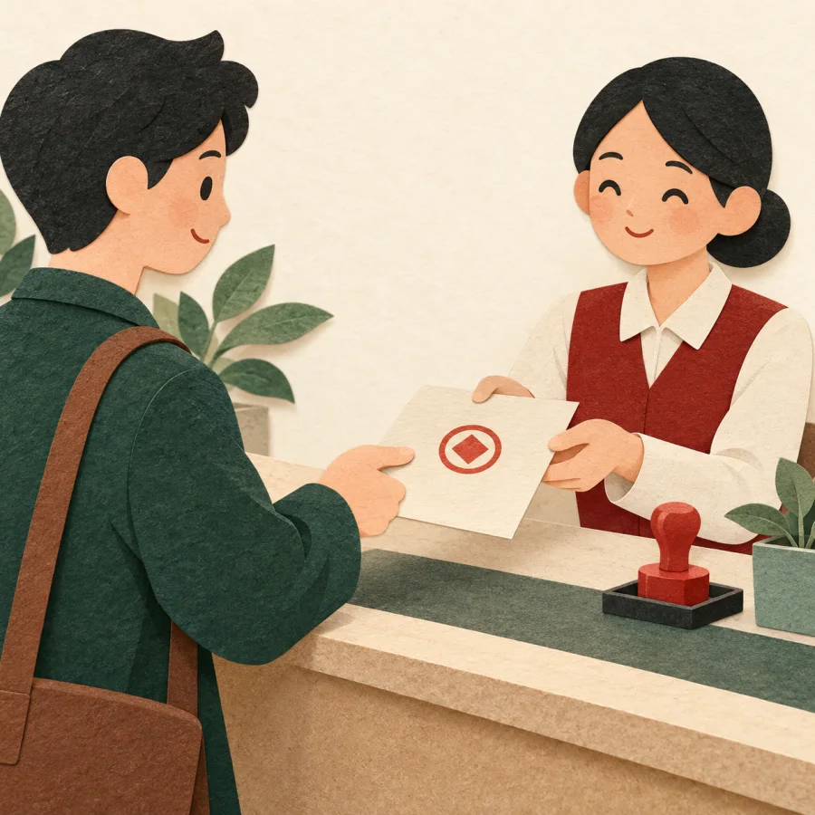 A person hands a stamped form across an office counter to a clerk