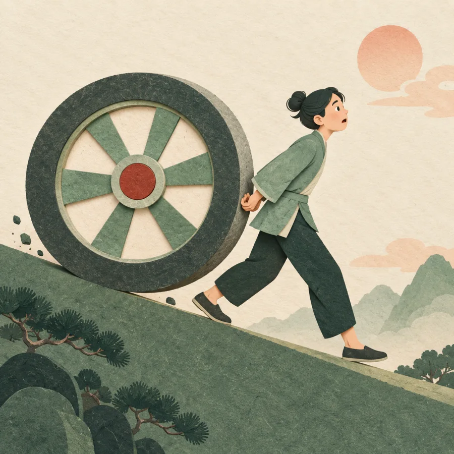 A large rolling wheel pushes a helpless person down a slope