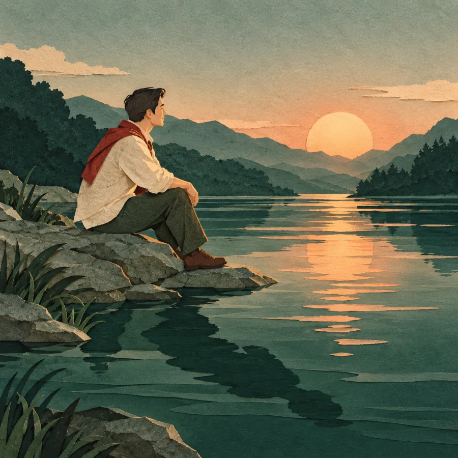 A father sits silently beside a deep, calm river at twilight