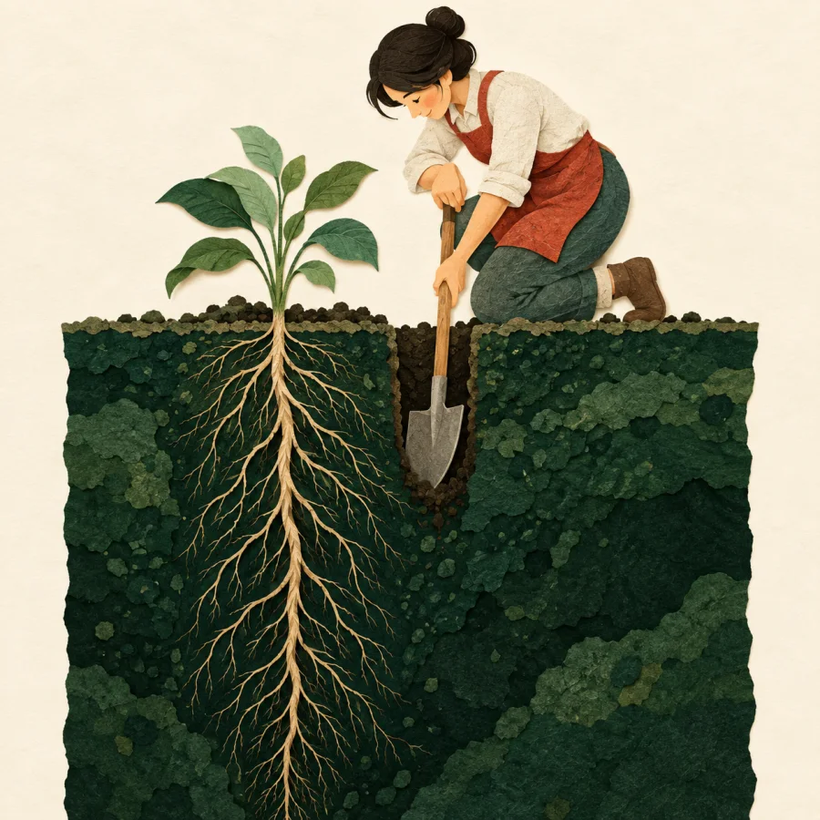 A gardener deepens a planting hole as long roots stretch down into dark soil
