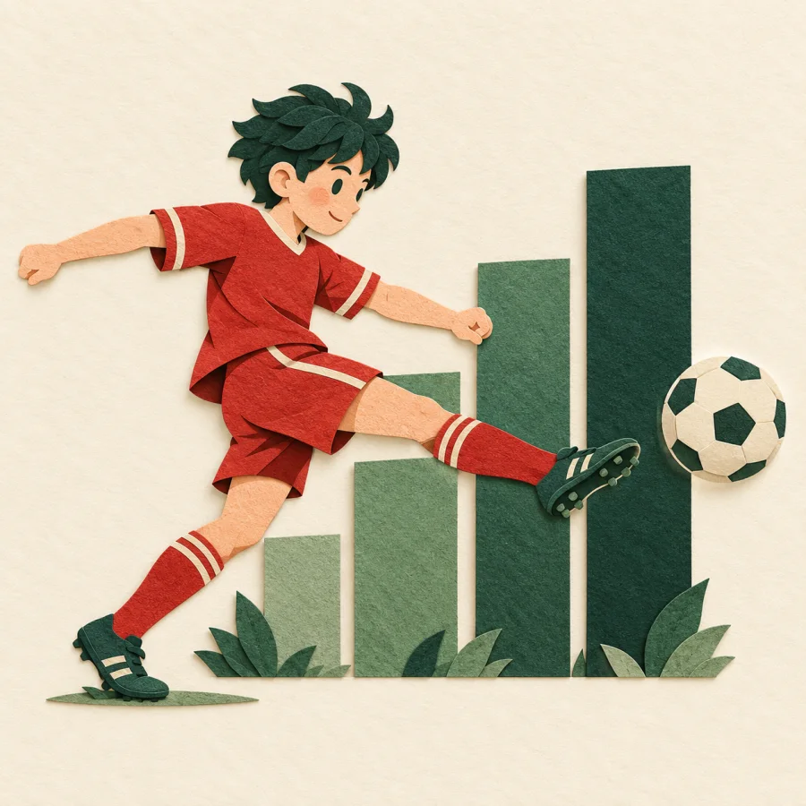 A young footballer kicks a ball beside a tall rising bar chart