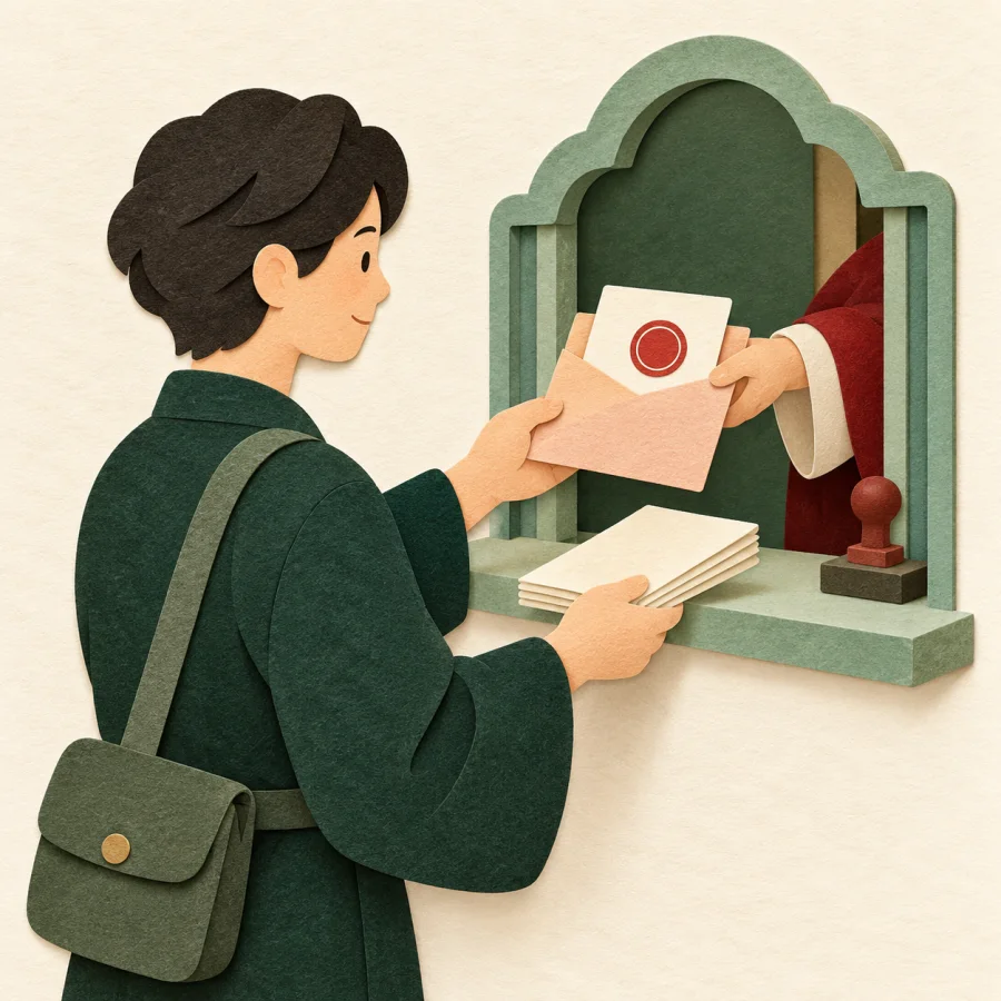 A person hands papers through a service window and receives an envelope