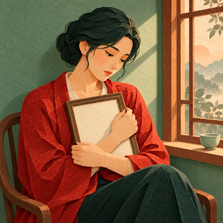 A person sitting by a window holds a blank framed photo to their chest