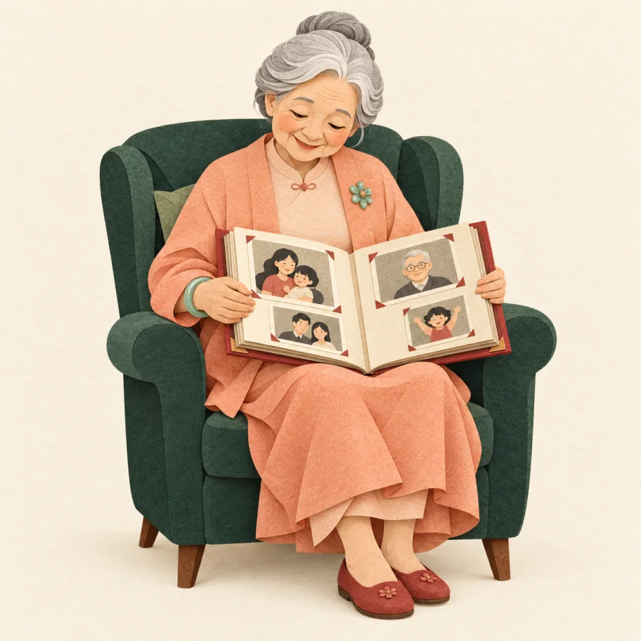 An elderly woman gazes tenderly at an open photo album
