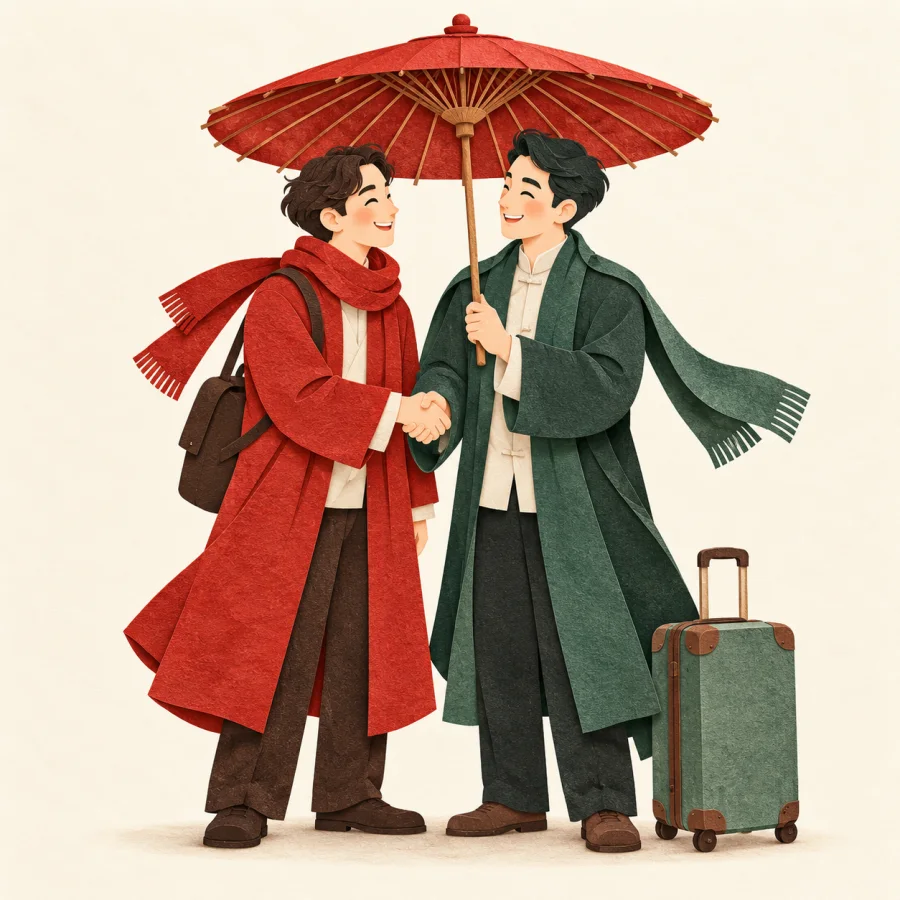 Two friends shake hands warmly under one umbrella beside a suitcase