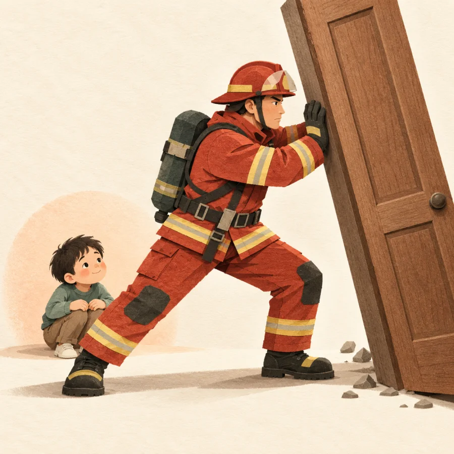 A firefighter shielding a child with his body from a falling door