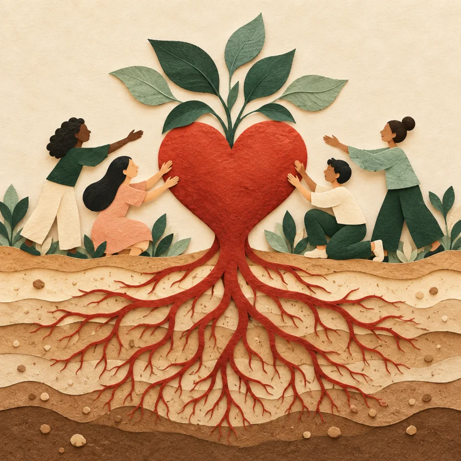 A large red heart growing roots deep into the ground