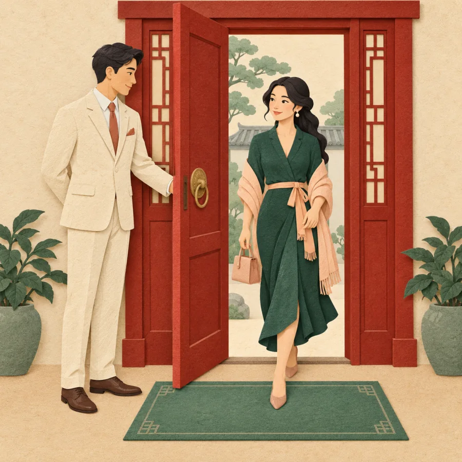 A gentleman politely holding a door open for a lady