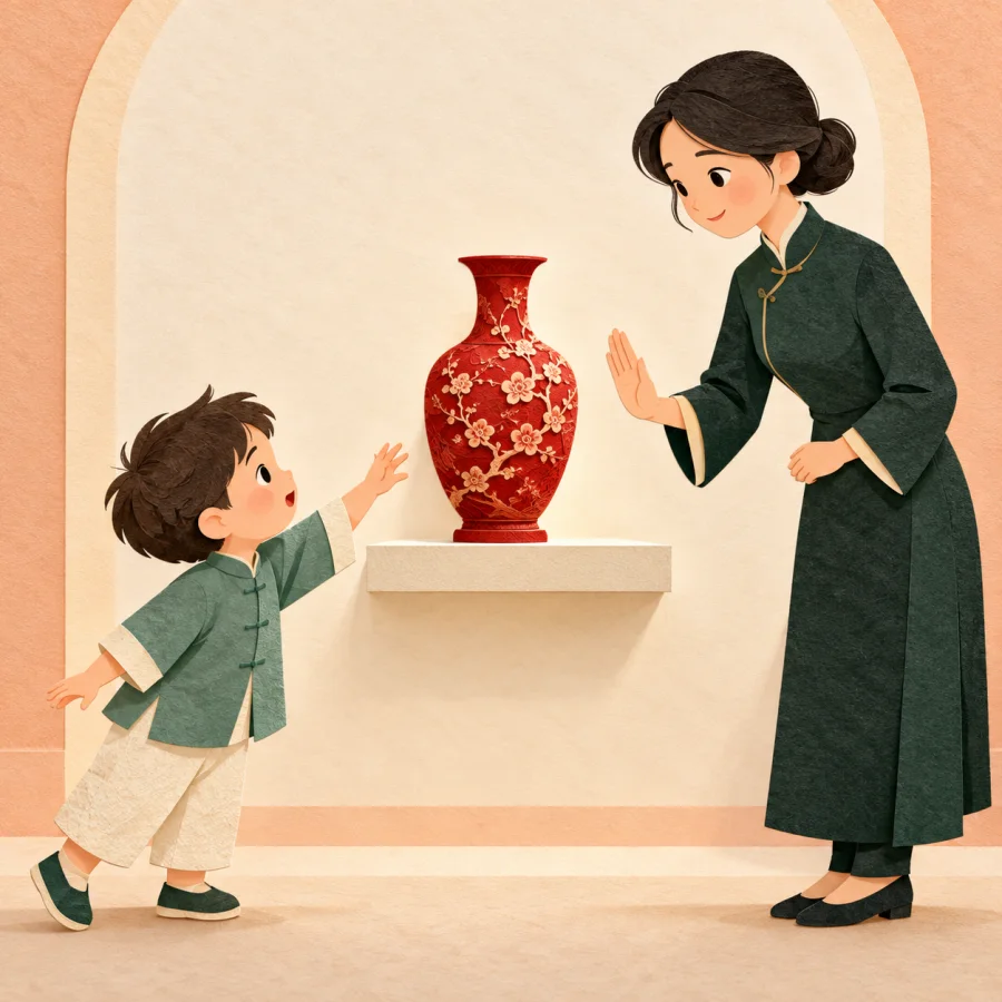 A child reaching out a hand toward a display shelf