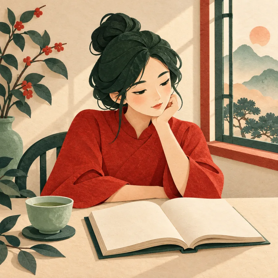 A person sits at a desk, chin resting on hand, deep in thought