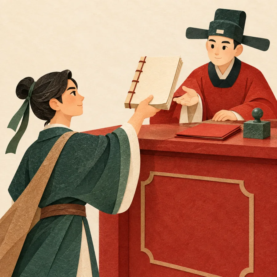 A person hands an official document across a high counter to a clerk
