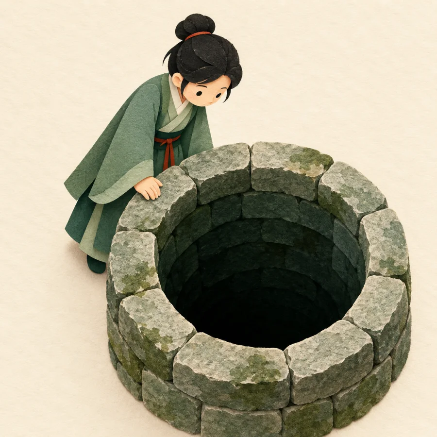 A person gazes down into a deep dark well