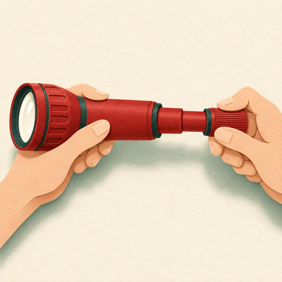 A hand extends the telescopic handle of a flashlight